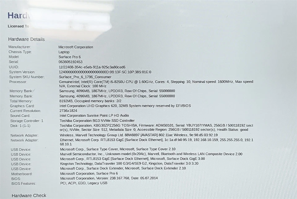 Microsoft Surface Pro 6 1736 i5 8250U 1.60GHZ 12.3" 8GB 256GB NVMe Windows 11 - Image 2 of 4