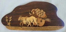 Vintage Mid Century Wood Inlay Ox Pulling Cart Wall Plaque Hanging