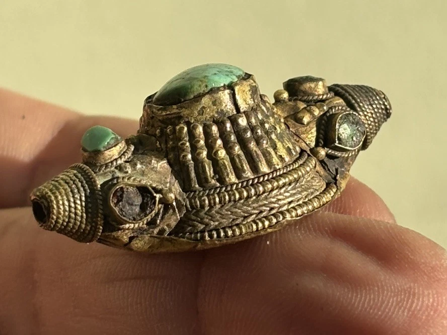 古董藏银绿松石吊坠头饰拉达克/西藏 19 号罕见 — 第 3/4 张图片