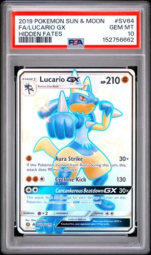 2019 POKEMON SUN & MOON HIDDEN FATES #SV64 FULL ART/LUCARIO GX PSA 10