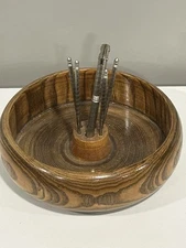 Vtg Turned Wooden 7" Nut Bowl w/ Nut Cracker 4 Nut Picks Holidays 1G56