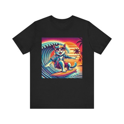 Funny Surfing Cat Tee Hawaiian Sunset Tropical Paradise Surf Beach Vibes T-Shirt