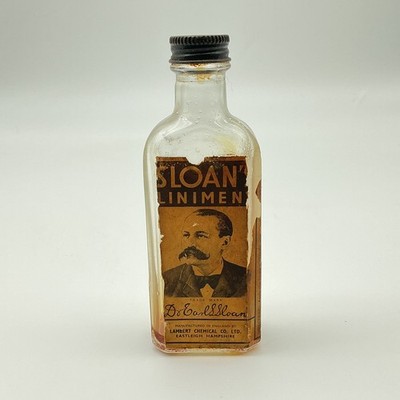 Vintage Sloans Liniment Medizin Flasche Original Etikett geprägtes Glas Apotheker