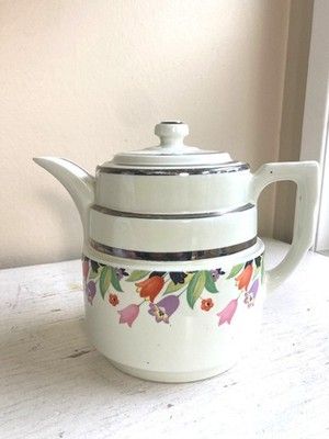 Vintage 30s Hall's Tea Pot Crocus Floral Platinum Gilding Big Art Deco Ceramic
