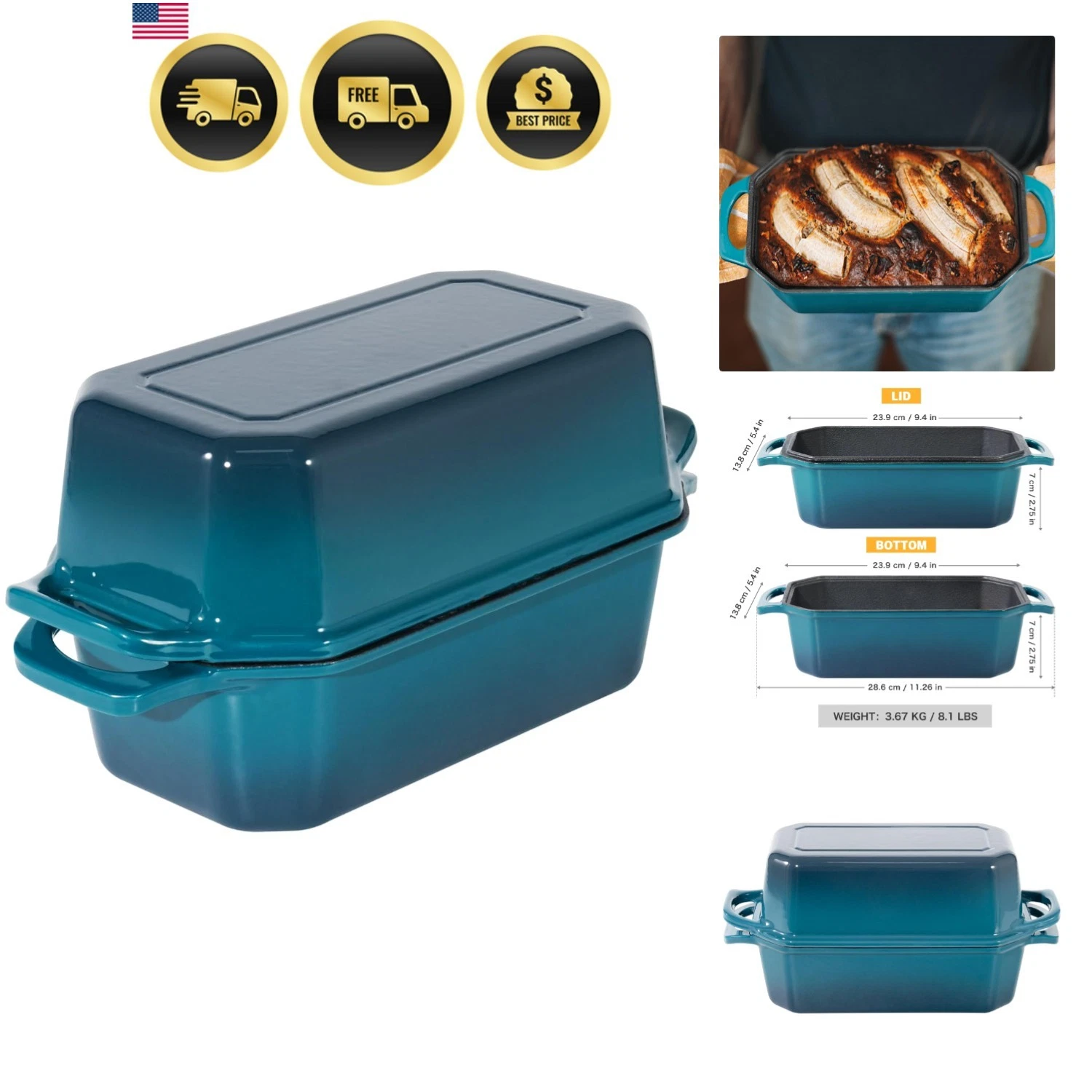 Bread Pan Cast Iron Loaf Pan with Lid Bread Loaf Pan 8.5x4.5 Inch Loaf Pan En...