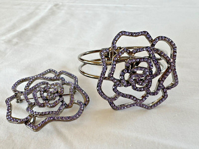 Vtg Large Purple ROSE Bracelet Brooch Pendant Set Gun Metal Rhinestone Jewelry