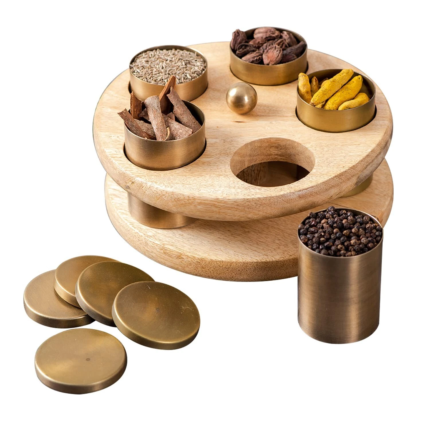 Wooden Masala Box for Kitchen with small 5 Stainless Steel Jars Spice Container