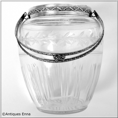 Rare French Sterling Silver 18k Gold & Engraved Cut Crystal Ice Bucket