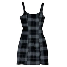 H&M Divided Black Gray Plaid Tank Dress Thick Straps Side Zip Stretch Slit XXS