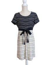 Women's Navy Blue Beige Woven Textured A-line Dress Sz Medium w/Bow
