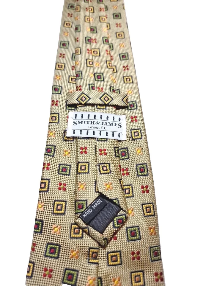 Corbata Smith & James verde seda con cuadrados y flores en verde rojo dorado rosa nueva sin etiquetas  Foto 2 de 4