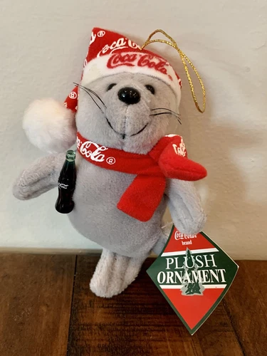 1998 Coca Cola Plush Ornament Seal With Scarf & Red Cap With Tags Vintage