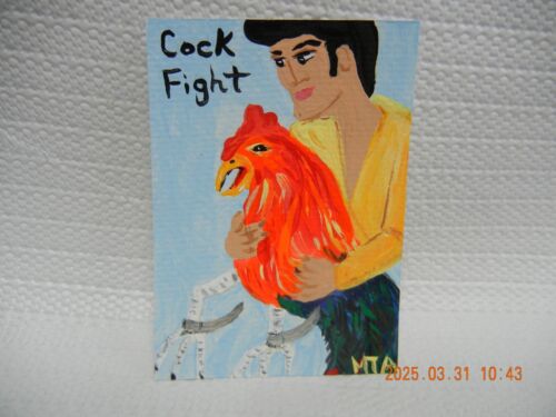 ACEO Original Cockfighters 3.5 x 2.5 inch acrylic great color painting