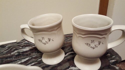 Pfaltzgraff Heirloom Creamer 2 Pedestal Mugs Napkin Holder Stoneware Grey Floral - Picture 2 of 5