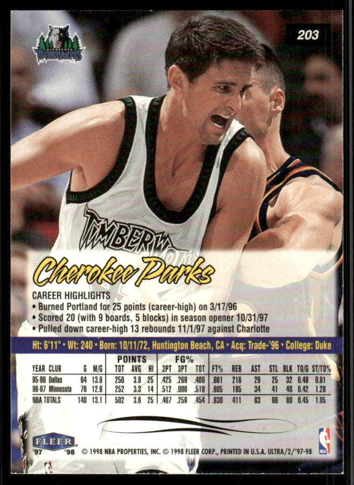 1997-98 Ultra #203 Cherokee Parks - Image 2 of 2