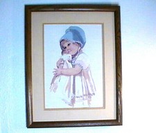 Girl Doll Needlepoint Framed Completed  Printed Embroidery Cross Stitch 19.5x16