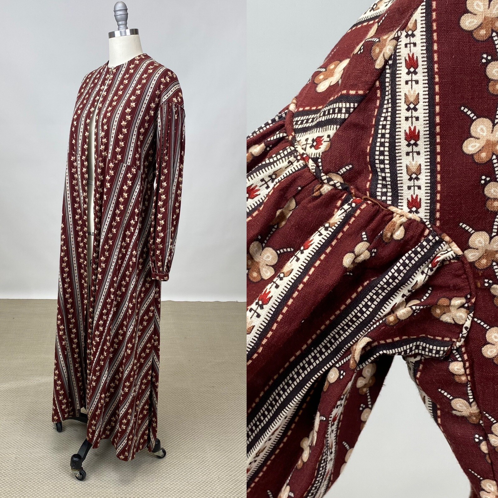 Antique Edwardian Cotton Maroon Calico Print Robe Hou… - Gem