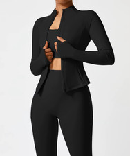 Women Ladies 3-Piece Yoga Suit Long Sleeve Workout Gym Set - Jacket Leggings Bra