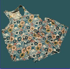 JOYSPUN Blue w/ Multi Flower Print 2 Pc Shirt  Shorts Pajama Sleep Set Sz Small