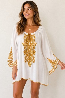Chic Connection Womens Tunic Dress M White Gold Embroidered Boho Peasant