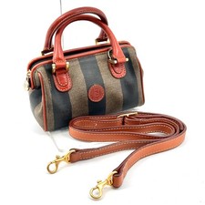 FENDI Pequin PVC Canvas Hand Bag Boston Bag Black Brown Strip