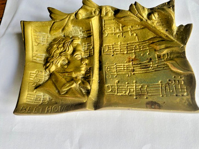 Vintage massiv Messing Beethoven Schmuck Schale Fuß Notenbuch offenes Blatt Tablett