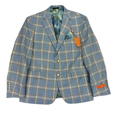 Tallia Mens Slim Fit Wool Blend Plaid Sport Coat Blue Gold 44S