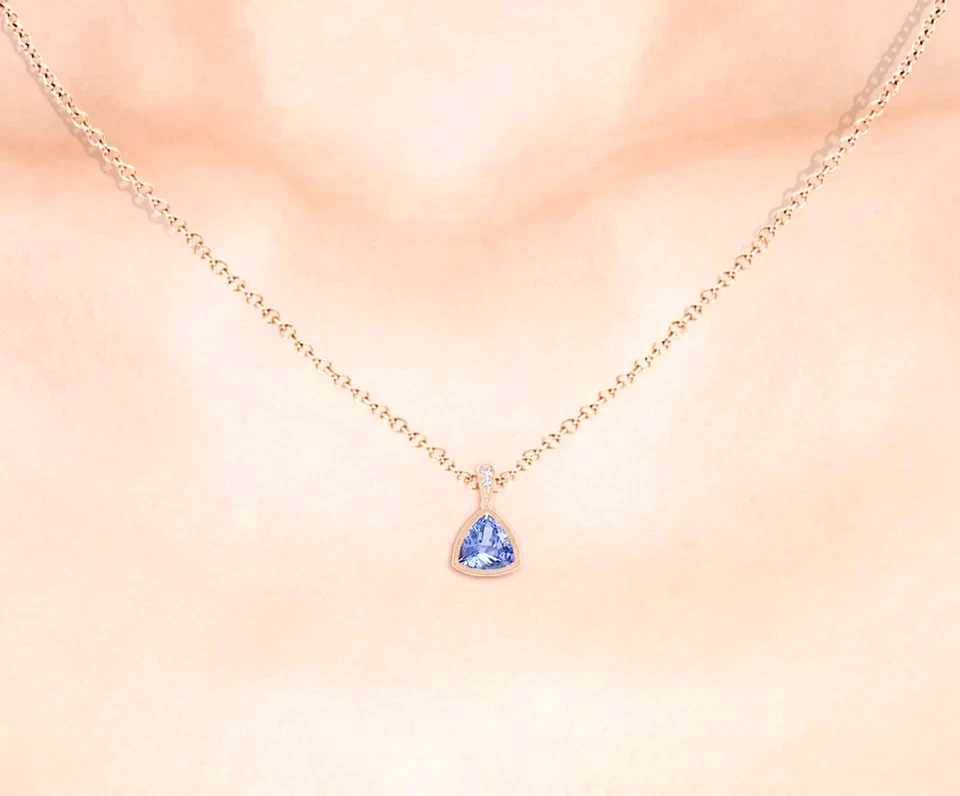 14k Solid Gold Tanzanite and Diamonds Pendant Trillion Cut 0.81 Ctw Wedding Gift - Image 2 of 4