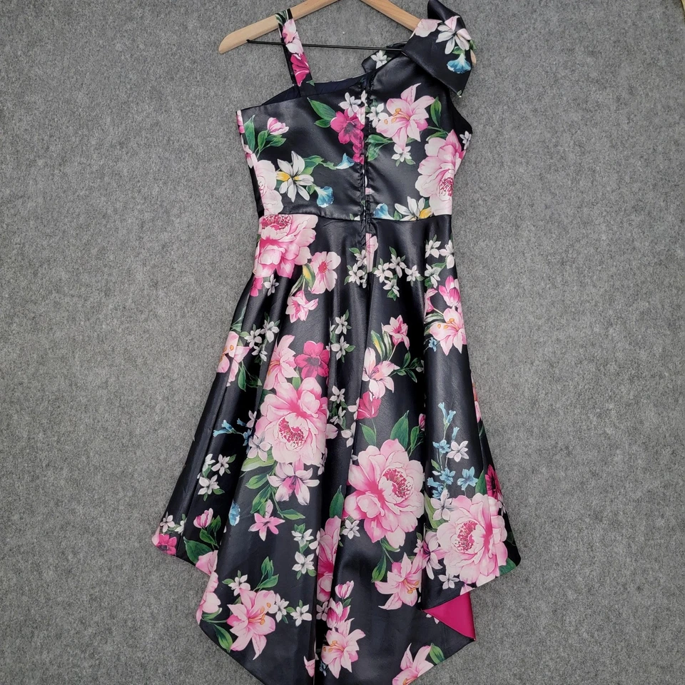 Raras Edições Vestido para Meninas 16 Preto Rosa Floral Um Ombro Laço Alto Baixo Festa - Imagem 2 de 4