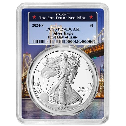 2024-S Proof $1 American Silver Eagle PCGS PR70DCAM FDOI Bay Bridge Frame