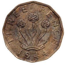1944 KING GEORGE VI BRASS THREEPENCE THREE 3 PENCE COIN