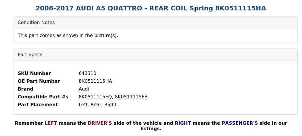 2008-2017 AUDI A5 QUATTRO - REAR COIL Spring 8K0511115HA - Image 3 of 4