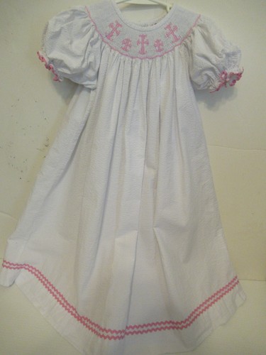 Vestido P77 Niñas Talla 6 Mano Calado Blanco con Borde Rosa Vientre Esteloso