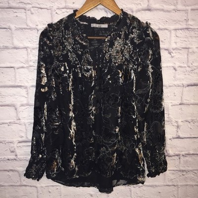 daniel rainn blouse women's size S floral smock burnout long sleeve metallic