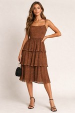 Mob Wife Leopard Print Tiered Midi Dress Lined Flowy Boho L