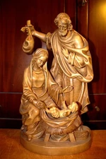 ANTIQUE 16" HAND CARVED WOOD NATIVITY SET SCENE HOLY FAMILY STATUE SCULPTURE