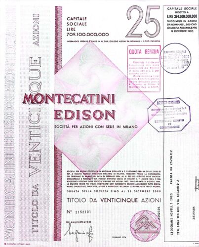 MILAN 1974 * ACTION MONTECATINI EDISON SIGNED EUGENIO CEFIS * PERFECT - Picture 1 of 2