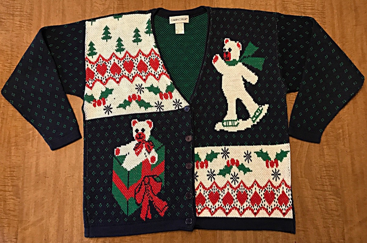Ugly Christmas Sweater Cardigan Holiday Bear Cabin Creek Size L