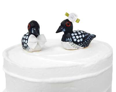 Common Loon Duck Cake Top Bride Groom Love Wedding Engagement Carved Wood Statue