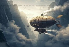 STEAMPUNK AIRSHIP OVER MOUNTAINS ART PRINT, Surreal Ship Poster, Fantasy Decor