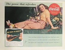 1942 Vintage Coca-Cola print ad. WWII era. Floral, and illustration of a woman.