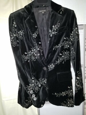 ''JILL STUART'' BLAZER(Jacket)Sz.0/BLK.COTTON VELVET/FLORAL EMBROIDERED/SILK LINED