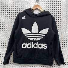 Adidas Originals Hooded Sweatshirt Black White Trefoil Logo Womens Small 20.5x22