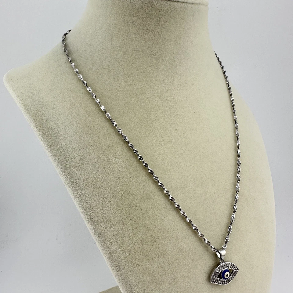 "Collar colgante 17"" 18K GP cadena espiga retorcida pavé de cristal mal de ojo" Foto 3 de 4