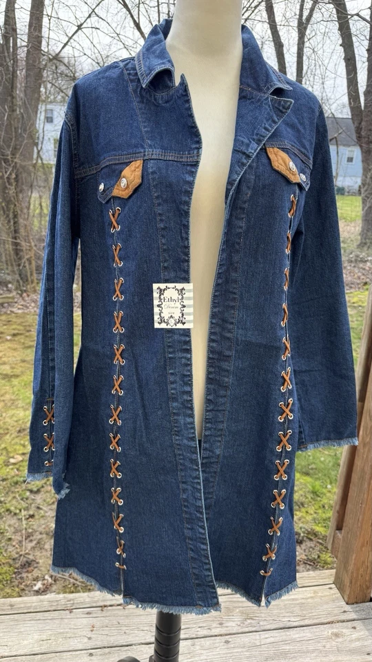 Ethyl South Western джинсовая куртка длинный Duster хлопок/спандекс шнурует вверх размер L новый с Ярлыками - Изображение 3 из 4