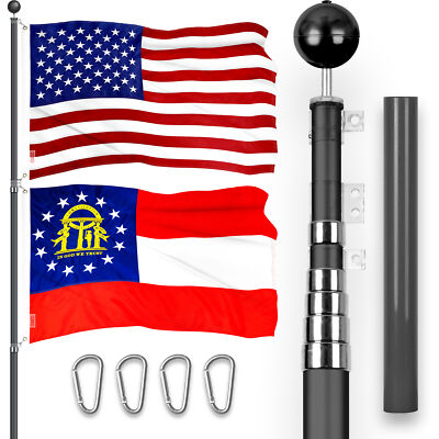 20 Ft Telescoping Flagpole Black & American and Georgia Flags Emb 300D 3x5Ft
