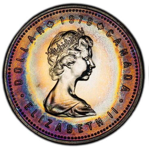 SP66 1978 $1 Canada Commonwealth Games Silver Proof Dollar, PCGS- Rainbow Toned