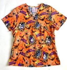 Disney Mickey Mouse Haunted Halloween Medical Scrub Top Orange Women's Sz Medium