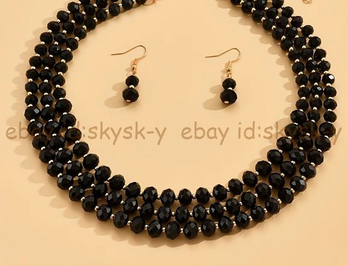 Women 3 Rows Faceted Black Crystal Rondelle Beads Necklace Earrings Jewelry Set - Picture 4 of 4