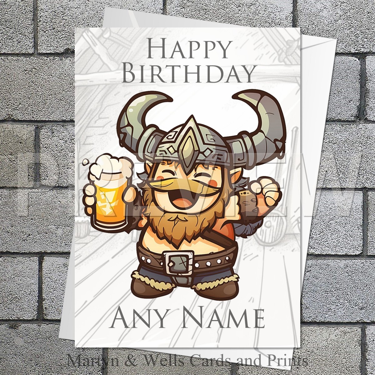 Viking birthday card. 5x7 inch. Cartoon Viking. Personalised card